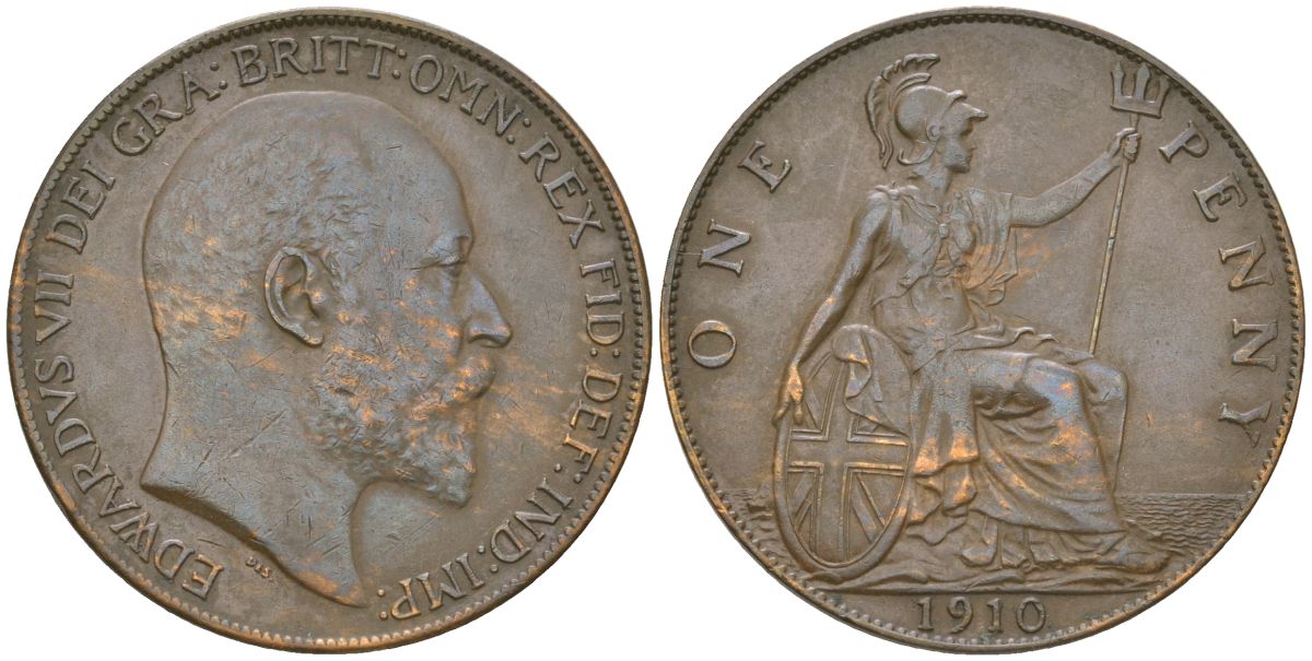 Великобритания 1 пенни 1910 Эдуард VII (1901-1910) KM 794.2, Spink 3990 бронза  aUNC  4590-1245