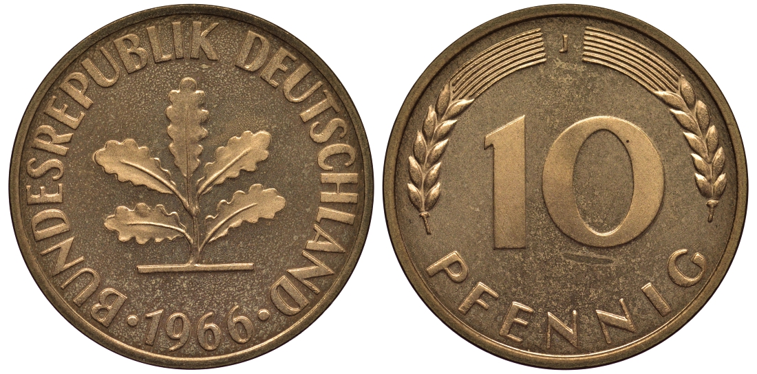 ФРГ 10 пфеннигов 1966 J J 383, KM 108 сталь плакированная латунью  PROOF  1099-4-14