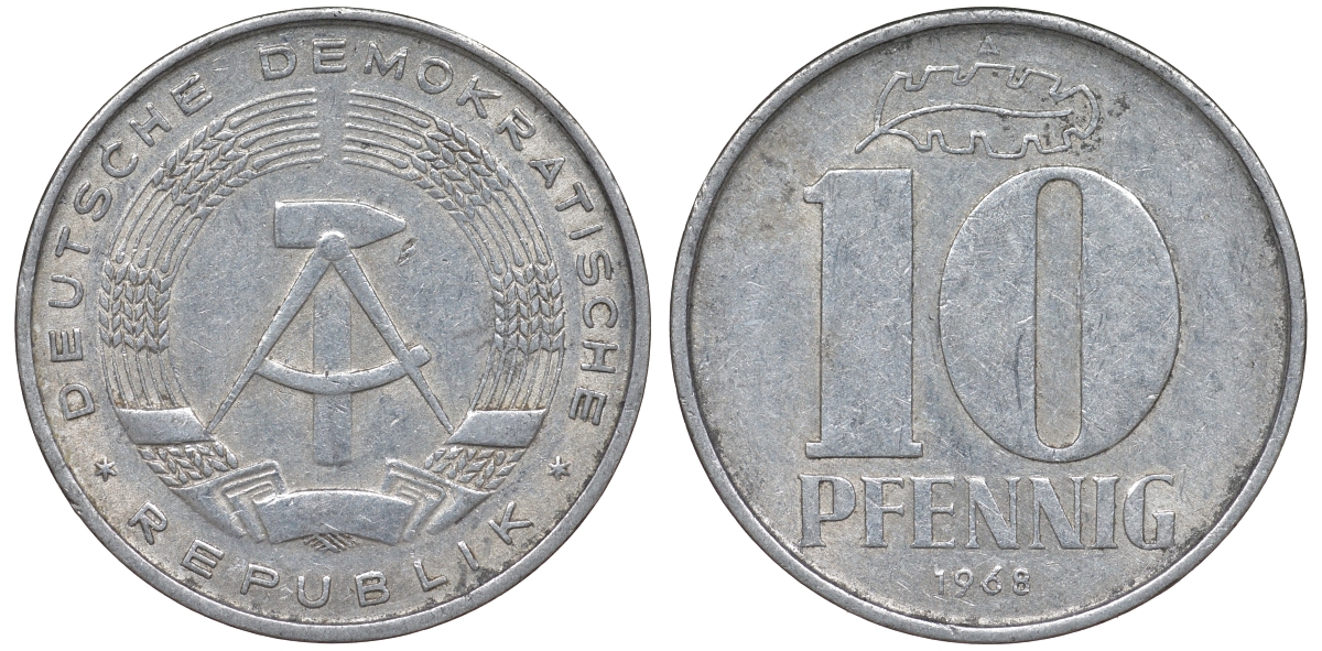 ГДР 10 пфеннигов 1968 A KM 10 алюминий 62-811