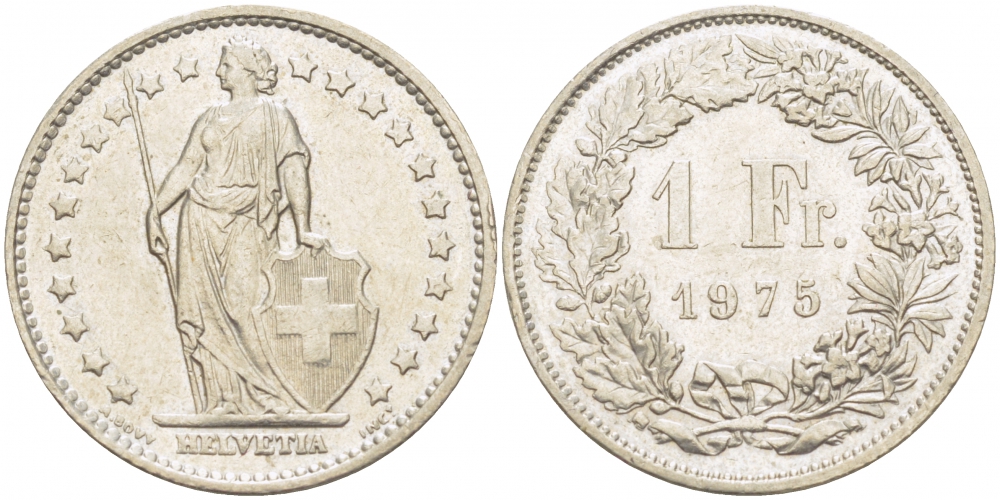 ШВЕЙЦАРИЯ 1 ФРАНК 1975 KM 24а.1 медно-никель 3851-916