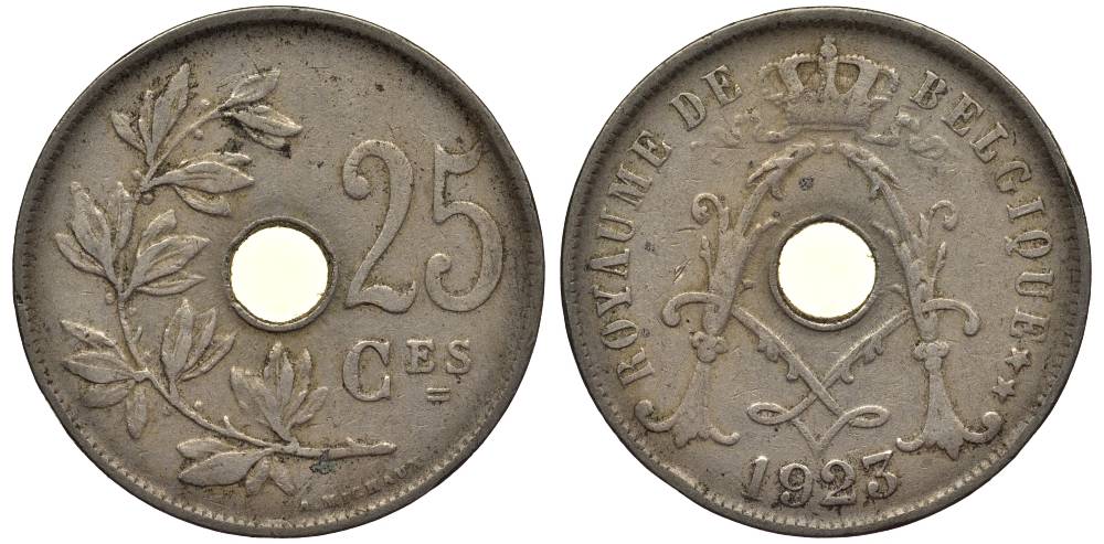 Бельгия 25 сантимов 1923 Belgique, Альберт I (1909-1934) KM 68.1 медно-никель 27-923