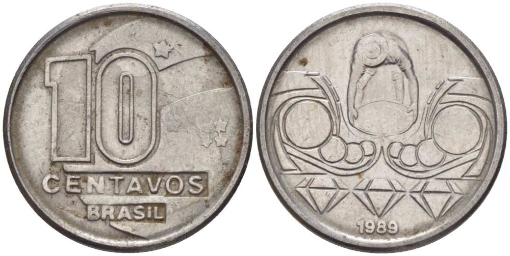 Бразилия 10 сентаво 1989 золотодобыча KM 613 нержавеющая сталь 116-532