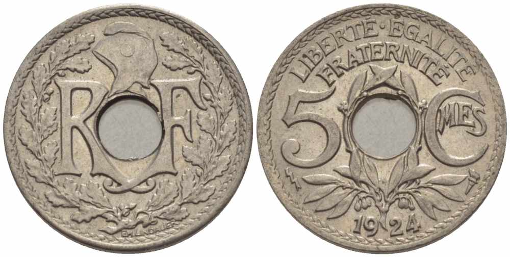 ФРАНЦИЯ 5 САНТИМОВ 1924 tb, ТИП ЛИНДАЙЁ, МОНЕТНЫЙ ДВОР ПУАССИ, МОЛНИЯ KM 875, LE FRANC 122.9 медно-никель 4379-543