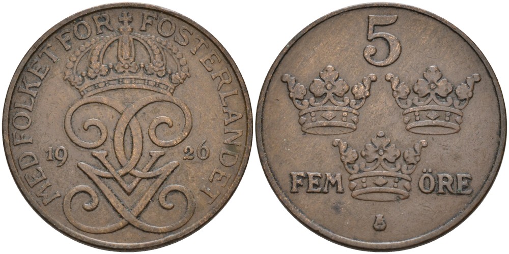 Швеция 5 эре 1926 Густав V (1907-1950) KM 779.2 бронза 4557-614