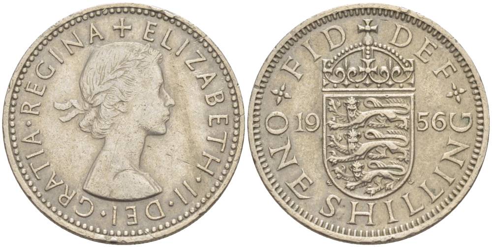 Великобритания 1 шиллинг 1956 Елизавета II (1952-2022), Английский герб KM 904, Spink 4147 медно-никель 4544-437