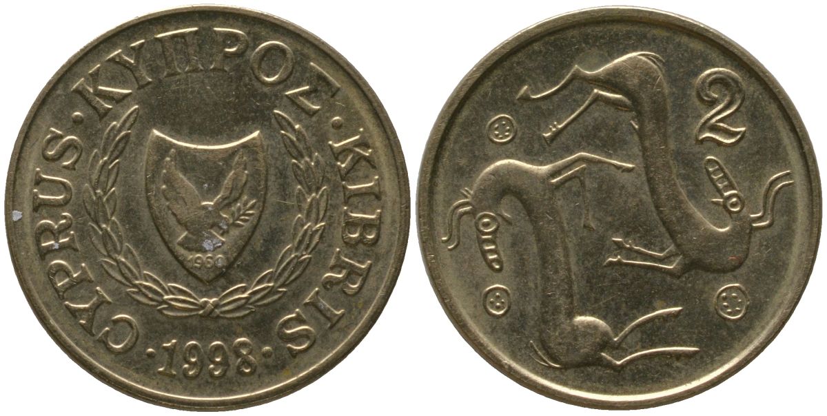 Кипр 2 цента 1998 KM 54.3 никель латунь 4158-464