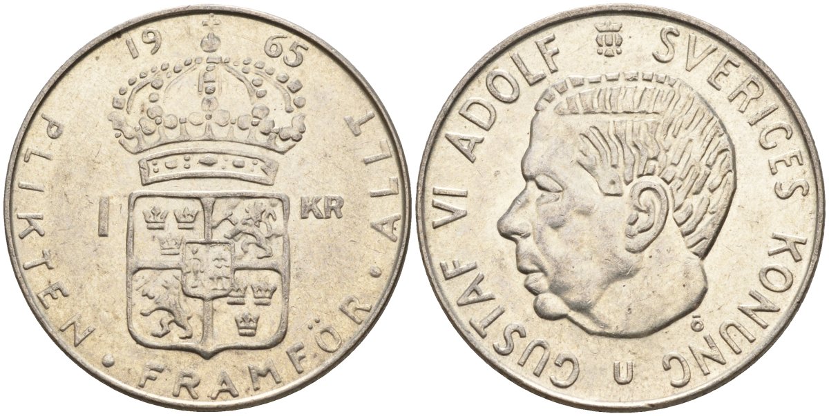 Швеция 1 крона 1965 U, Густав VI Адольф (1950-1973) KM 826 серебро 4150-153