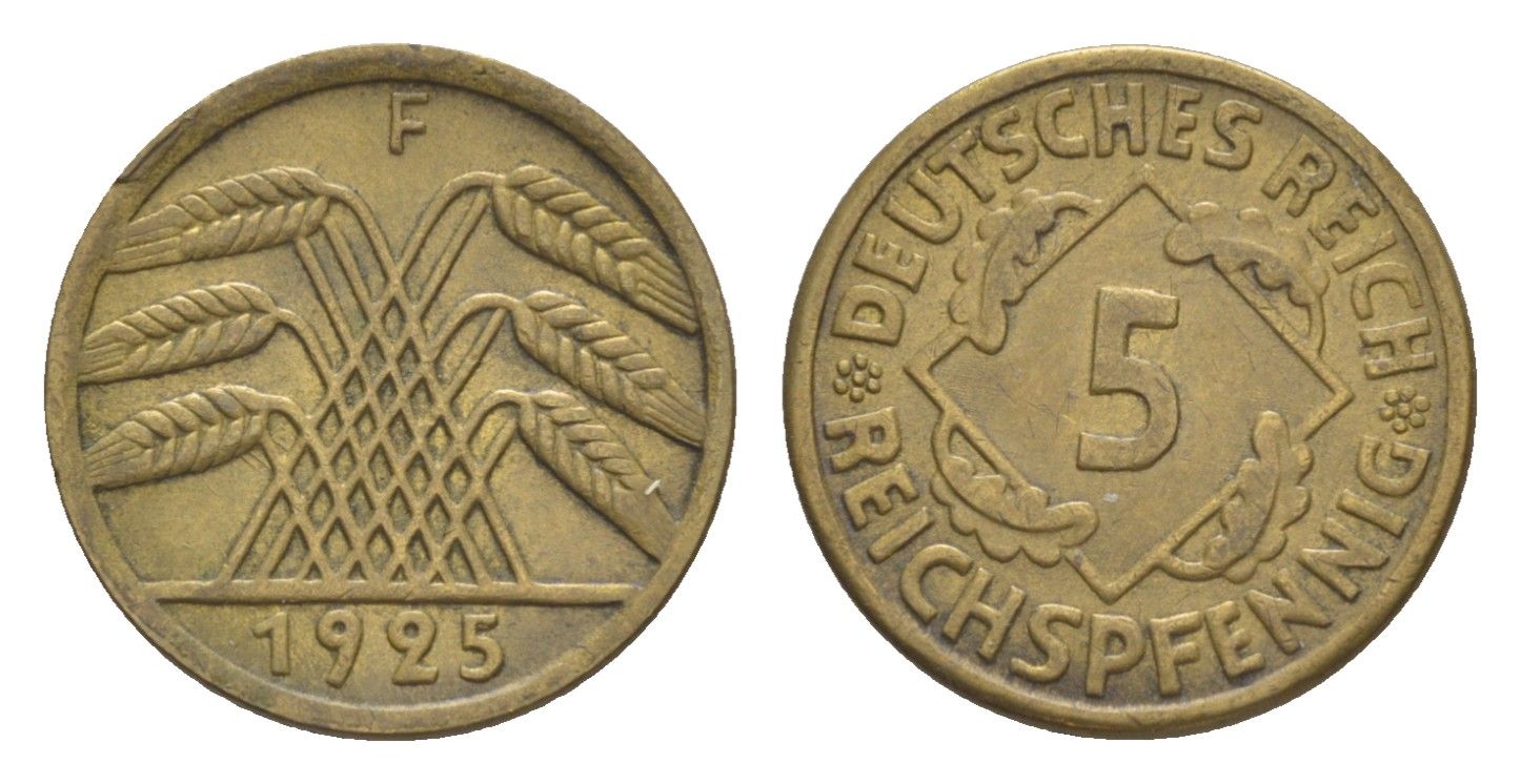Германия 5 рейхспфеннигов 1925 F KM 39, J. 316 алюминиевая бронза 4644-1137