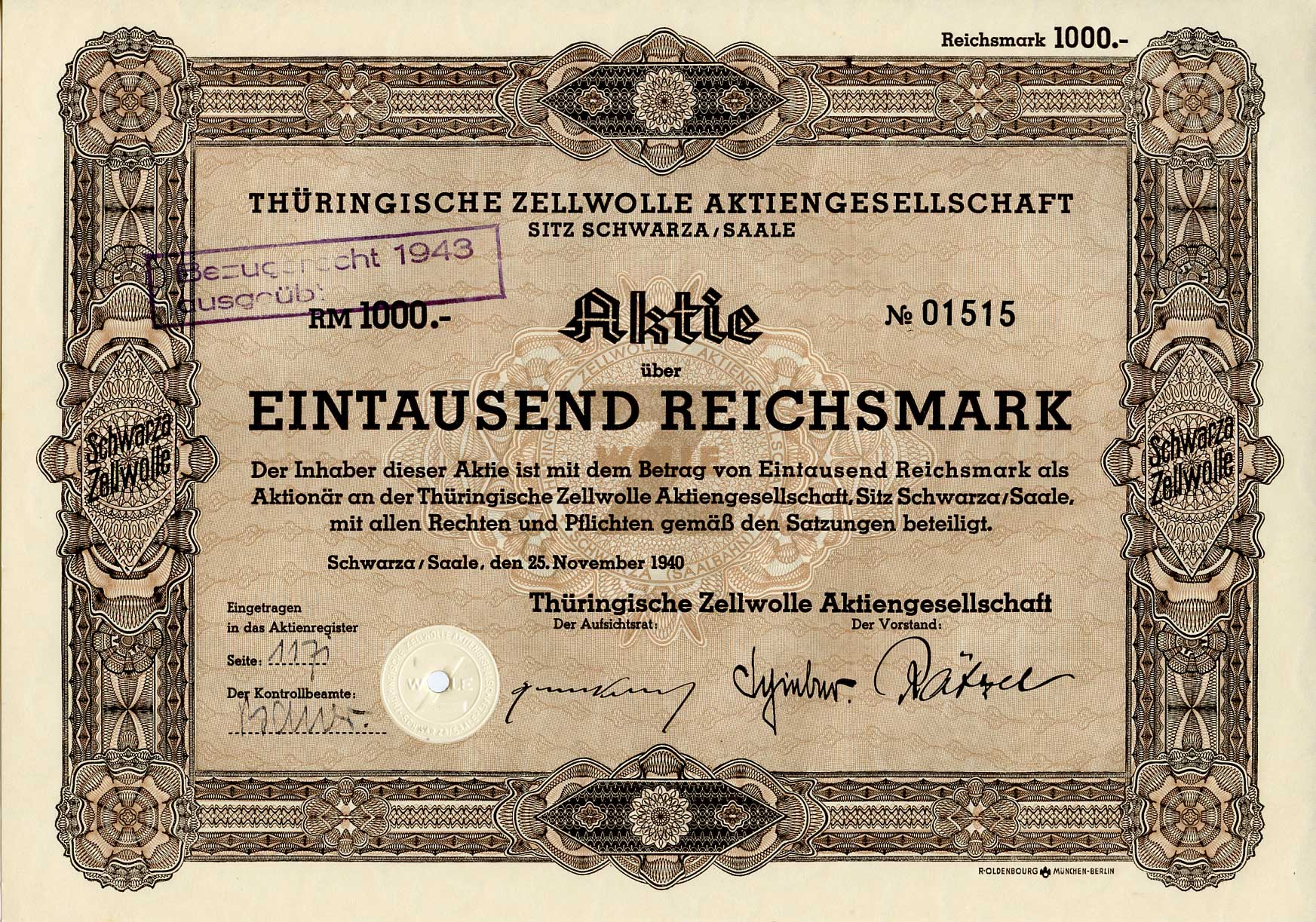 Германия 1000 рейхсмарок 1940 Тюрингская компания по производству целлюлозы, Шварца, Заале, акция   бумага   8803-123-1
