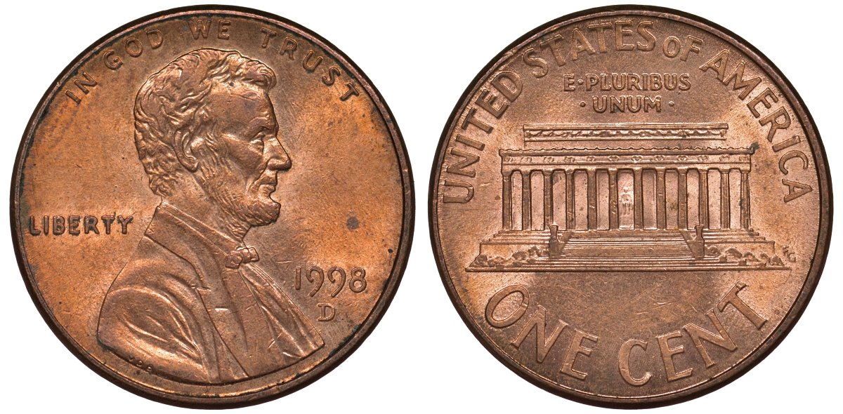 США 1 цент 1998 D, Линкольн KM 201b цинк плакированный медью 4122-232