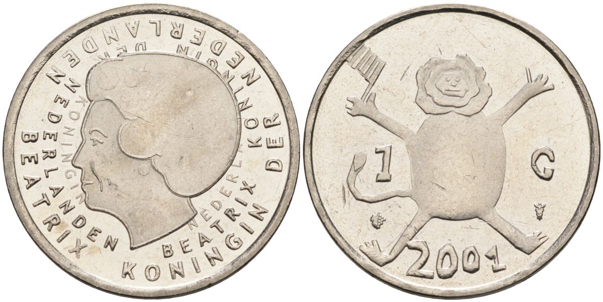 Нидерланды 1 гульден 2001 прощай гульден, детский рисунок, лев с флагом в руках KM 233 никель UNC 4116-121