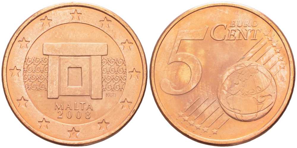 Мальта 5 евроцентов 2008 KM 127 сталь плакированная медью  UNC 4606-714