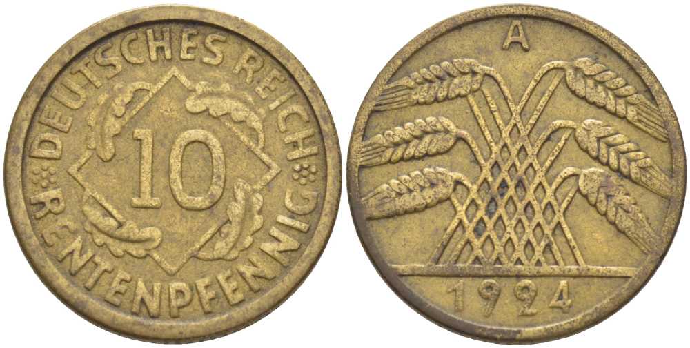 ГЕРМАНИЯ 10 РЕНТЕНПФЕННИГОВ 1924 A KM 33, J.309, Weege 8 алюминиевая бронза 202-246