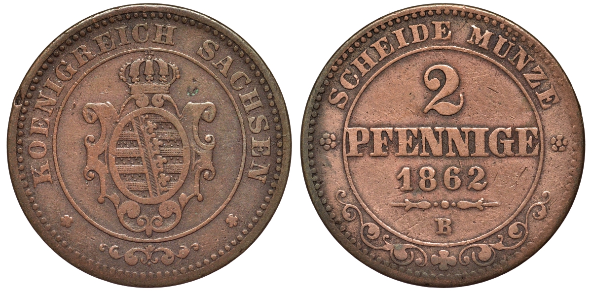 САКСОНИЯ 2 ПФЕННИГА 1862 В KM 1217 медь 75-1111