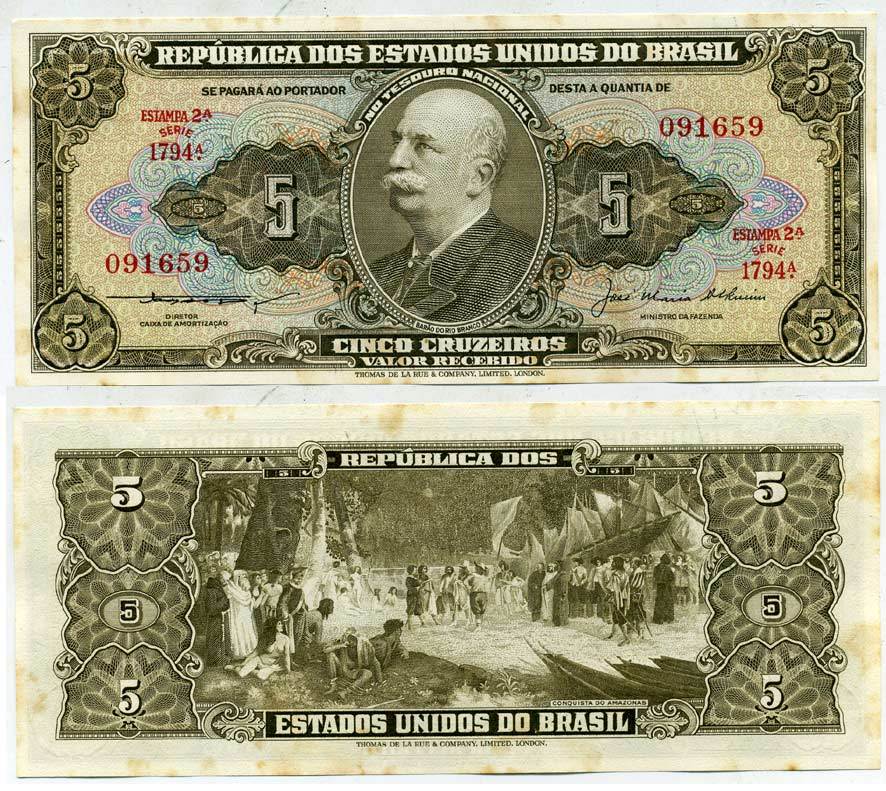 БРАЗИЛИЯ 5 КРУЗЕЙРО 1953-1959 ВЫПУСК 2А,СЕРИЯ 1794А, БАРАО ДО РИО БРАНКО, ПОДПИСЬ 5 Pick 158с бумага аUNC 7551-20-1-1