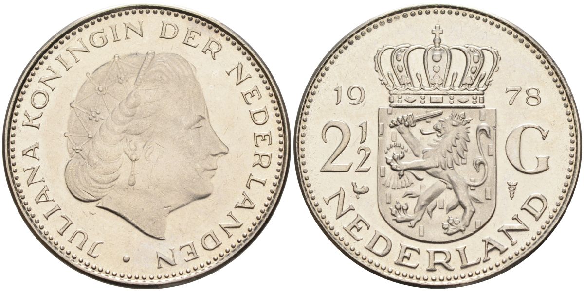 Нидерланды 2 1/2 гульдена 1978 Юлиана (1948-1980) KM 191 никель 4593-635