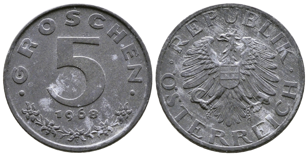 АВСТРИЯ 5 ГРОШЕЙ 1968 KM 2875 цинк 57-554