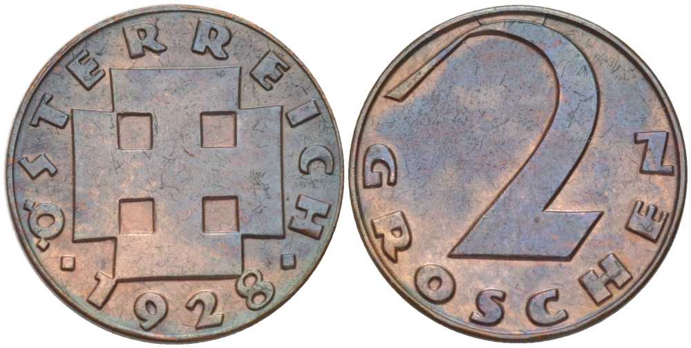 АВСТРИЯ 2 ГРОША 1928 ДОВОЕННАЯ ДЕСЯТИЧНАЯ ЧЕКАНКА KM 2837 бронза 201-213