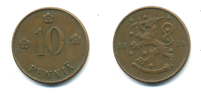 Финляндия 10 пенни 1920 республика (1918-1962) KM 24 медь 36-945