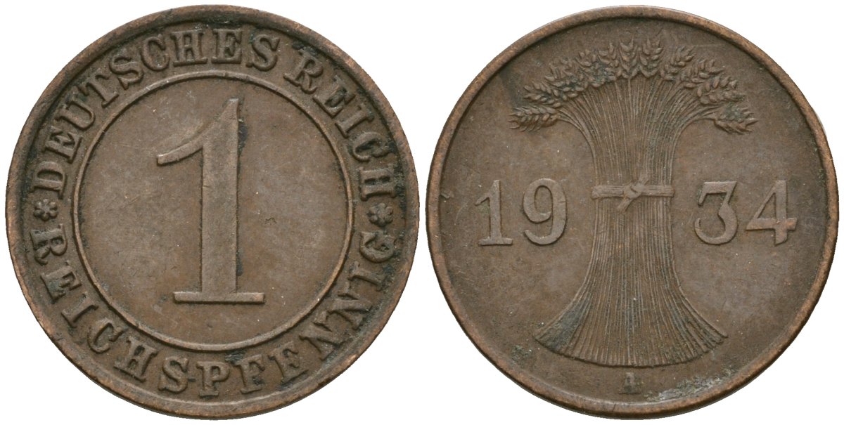 Германия 1 рейхспфенниг 1934 A KM 37, J. 313 бронза 4189-1231