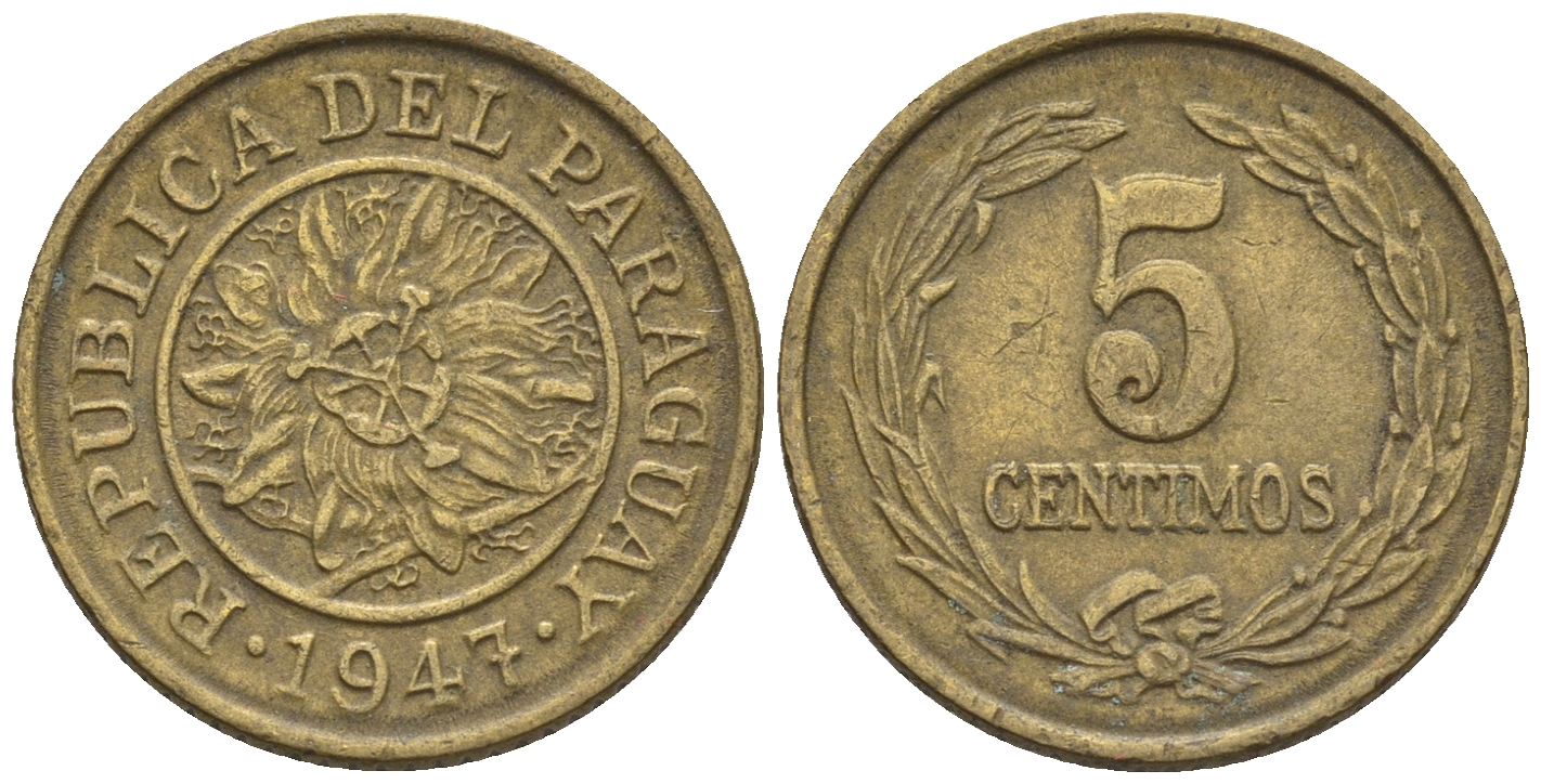 Парагвай 5 сентимо 1947  KM 21 алюминиевая бронза    220-1019