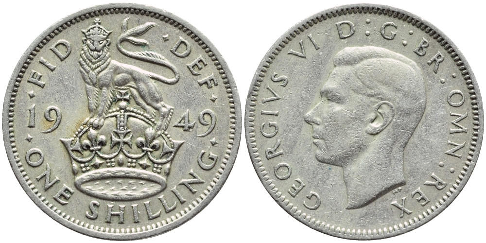 Великобритания 1 шиллинг 1949 Георг VI (1936-1952), Английский герб KM 876, Spink 4108 медно-никель 4395-1214