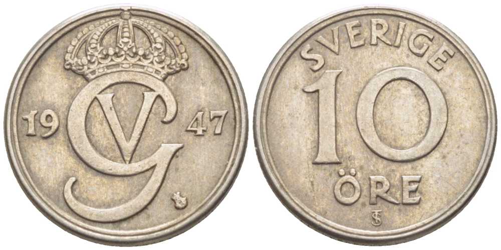 Швеция 10 эре 1947 TS, Густав V (1907-1950) KM 795 никель бронза 116-1167