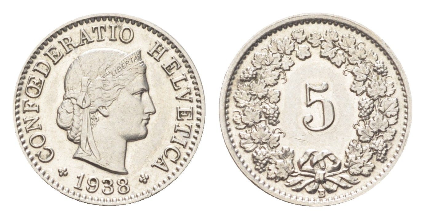Швейцария 5 раппенов 1938 B KM 26b никель 4705-1232