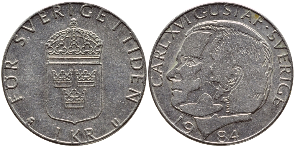 Швеция 1 крона 1984 Карл XVI Густав (1973- ) KM 852a медно-никель 4397-1143