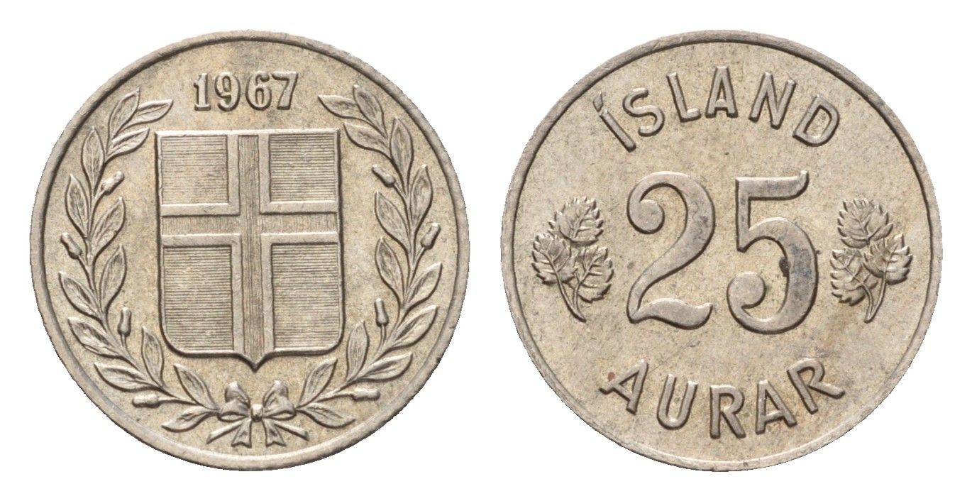 Исландия 25 эйре 1967 KM 11 медно-никель 4647-1148