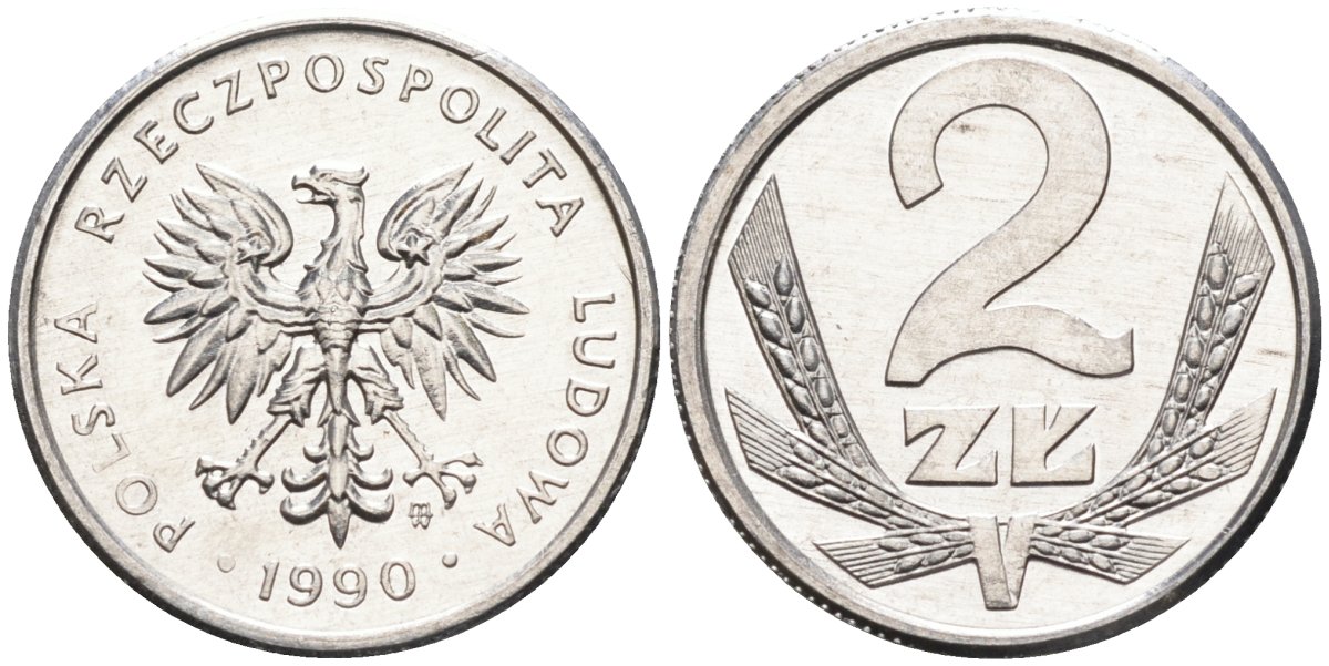 Польша 2 злотых 1990 MW, Народная Республика KM 80.3, Parchimowicz 219b алюминий UNC 4580-812