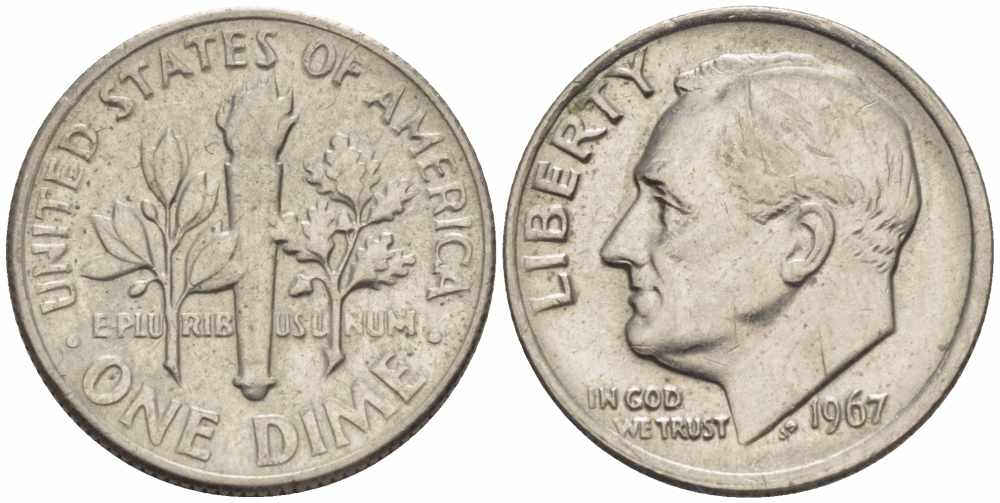 США 10 центов (дайм) 1967 Рузвельт KM 195а медь плакированная медно-никелем 105-657