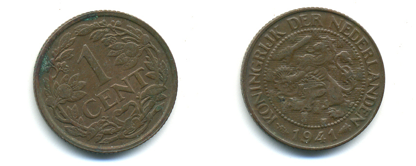 НИДЕРЛАНДЫ 1 ЦЕНТ 1941 ВИЛЬГЕЛЬМИНА (1890-1948) KM 152 бронза 4379-1144