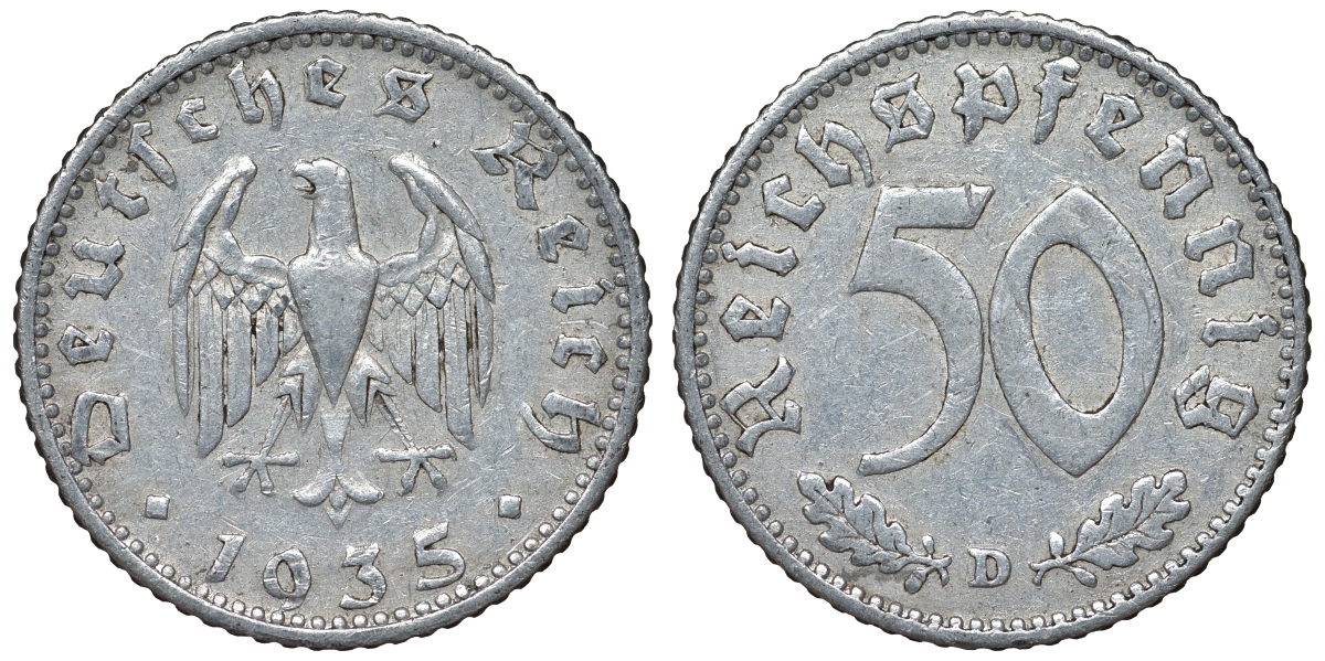 Германия 50 рейхспфеннигов 1935 D KM 87, J. 368 алюминий 4121-1111