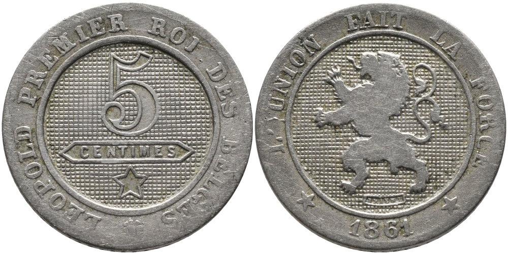БЕЛЬГИЯ 5 САНТИМОВ 1861 BELGES KM 21 медно-никель 83-1415