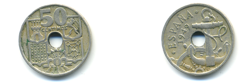 Испания 50 сентимо 1949 (54) Франсиско Франко (1939-1975), морская атрибутика KM 777 медно-никель 89-647