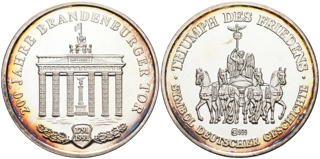 Германия медаль 1991 200 лет Бранденбургским воротам в Берлине, диаметр 30 мм., вес 8,57 гр. серебро PROOF 06-204-13