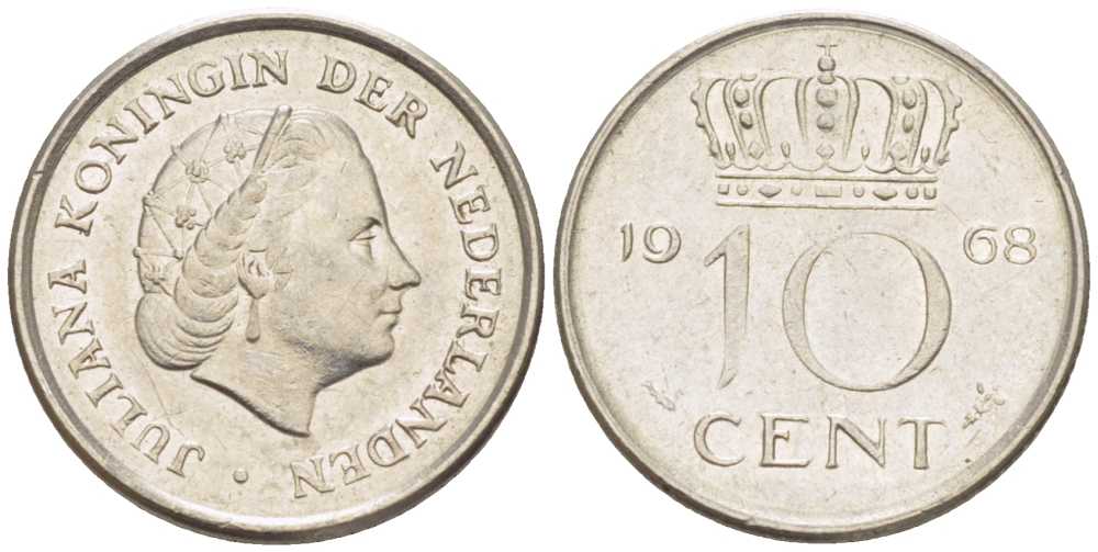 НИДЕРЛАНДЫ 10 ЦЕНТОВ 1968 ЮЛИАНА (1948-1980) KM 182 никель 214-1234