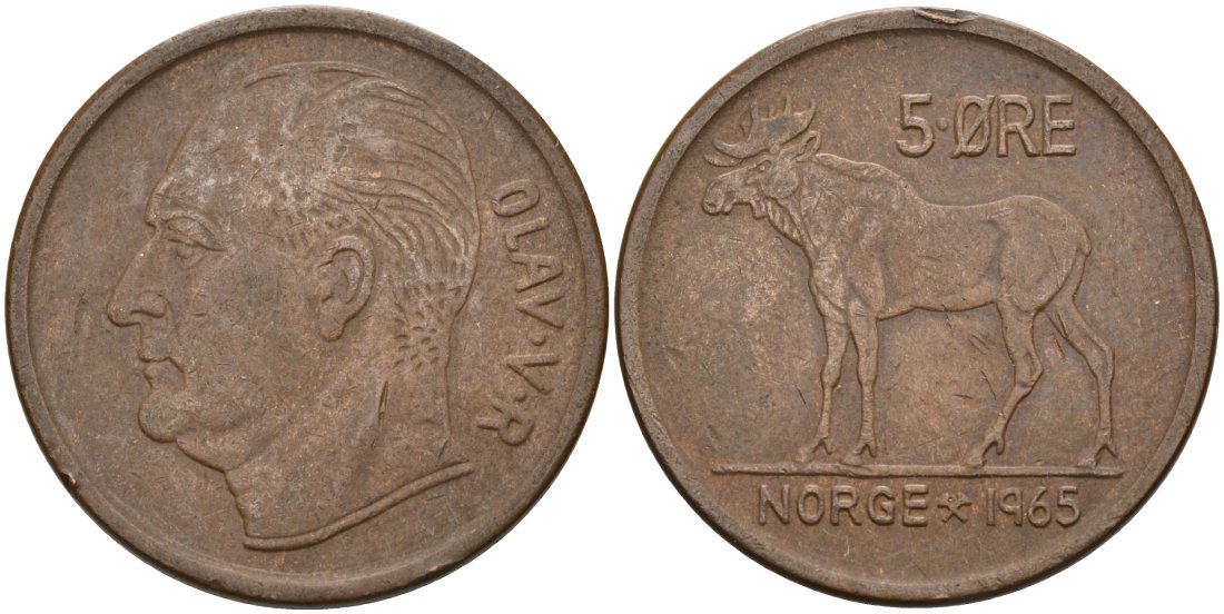 Норвегия 5 эре 1965 ЛОСЬ KM 405 бронза 4572-911