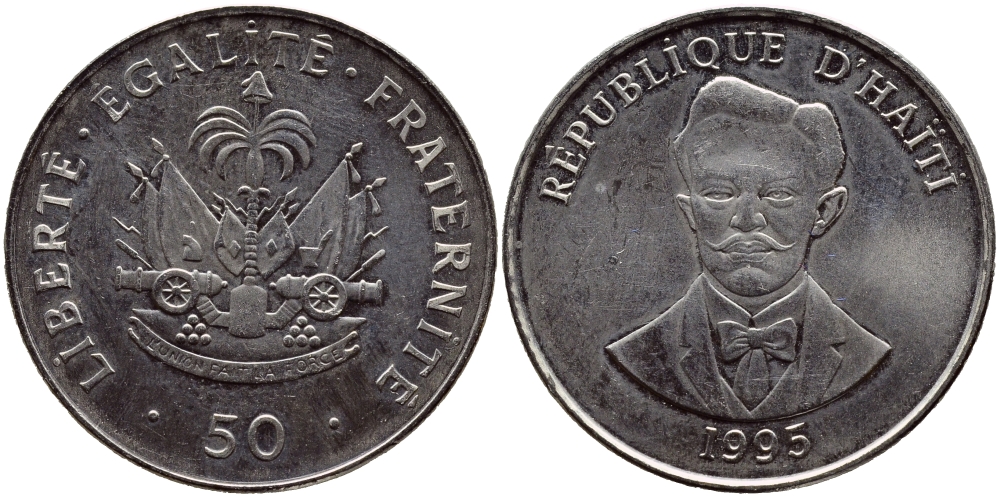 Гаити 50 сантимов 1995 Шарлемань Перальт KM 153а сталь плакированная никелем UNC 62-542