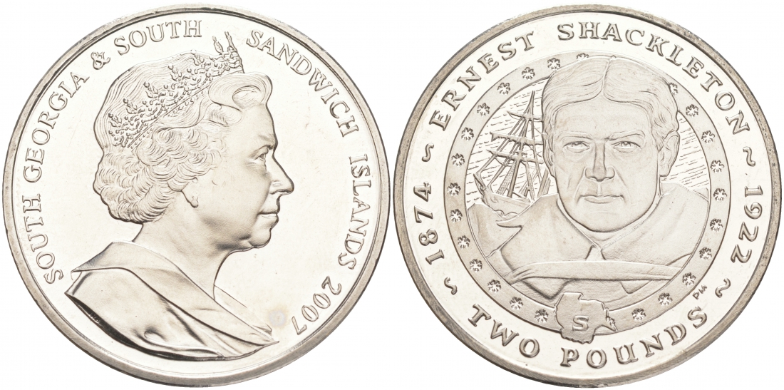 Южная Георгия и Южные Сандвичевы Острова 2 фунта 2007 сэр Эрнест Генри Шеклтон KM 35 медно-никель UNC M26-21