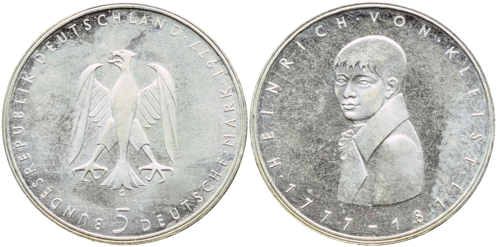 ФРГ 5 марок 1977 G, 200 лет со дня рождения Генриха фон Клейста KM 146, J. 421 серебро UNC 4394-113