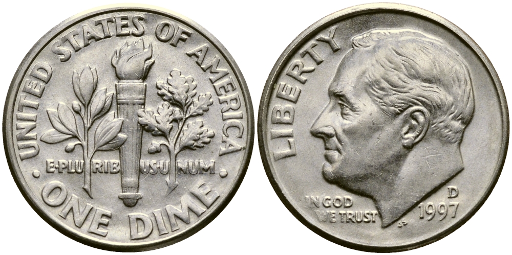 США 10 ЦЕНТОВ = 1 ДАЙМ 1997 D, РУЗВЕЛЬТ KM 195а медь плакированная медно-никелем 46-1145