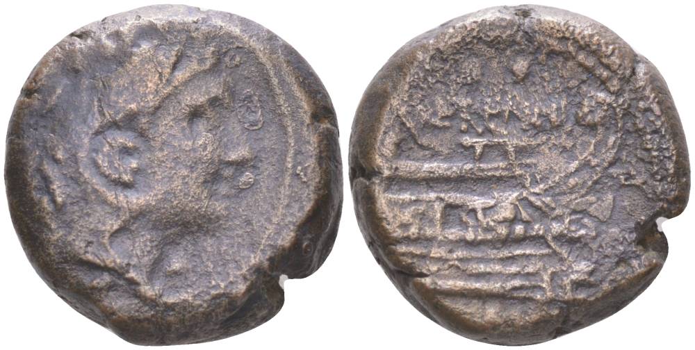 Римская Республика квадрант 108-107 гг. до н.э. монетарий М. Геренний, голова Геркулеса / Прора, Рим, 7,96 гр Crawford 308/3 медь 1073-19-26