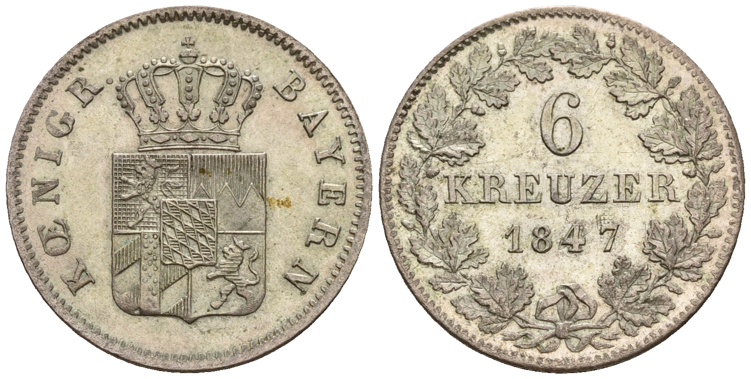 Бавария 6 крейцеров 1847 Людвиг I (1825-1848) KM 802, Jaeger 60, AKS 82 серебро UNC 413-5815