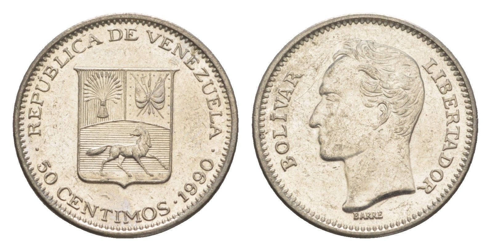 Венесуэла 50 сентимо 1990 Симон Боливар Y 41a сталь плакированная никелем 4584-637