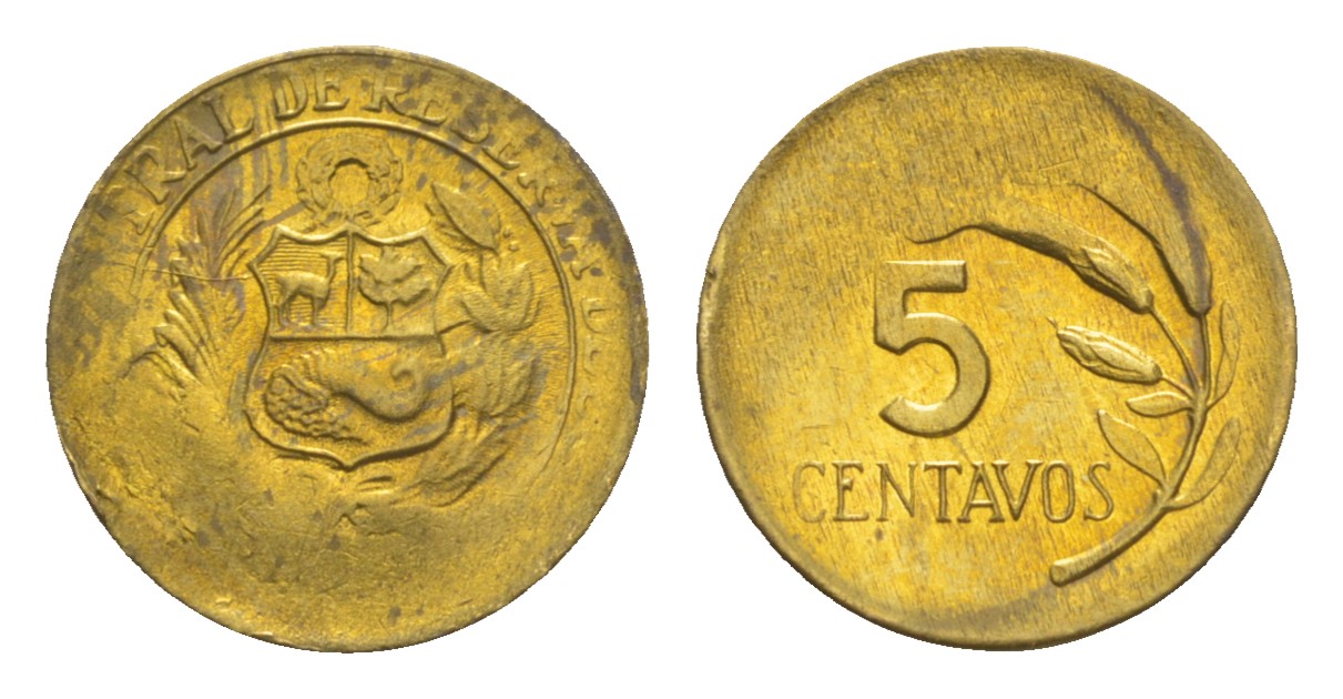 Перу 5 сентаво 1969-1973 брак чекана KM 244.2 латунь  aUNC  4659-534