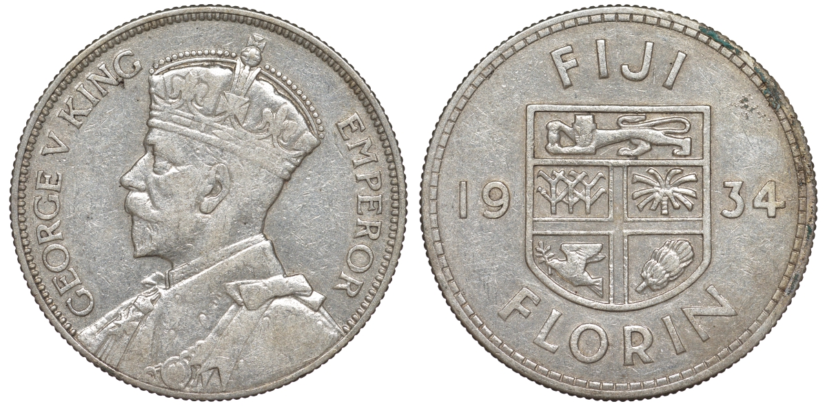 Фиджи 1 флорин 1934 Георг V (1910-1936), герб Фиджи KM 5 серебро 91-1242