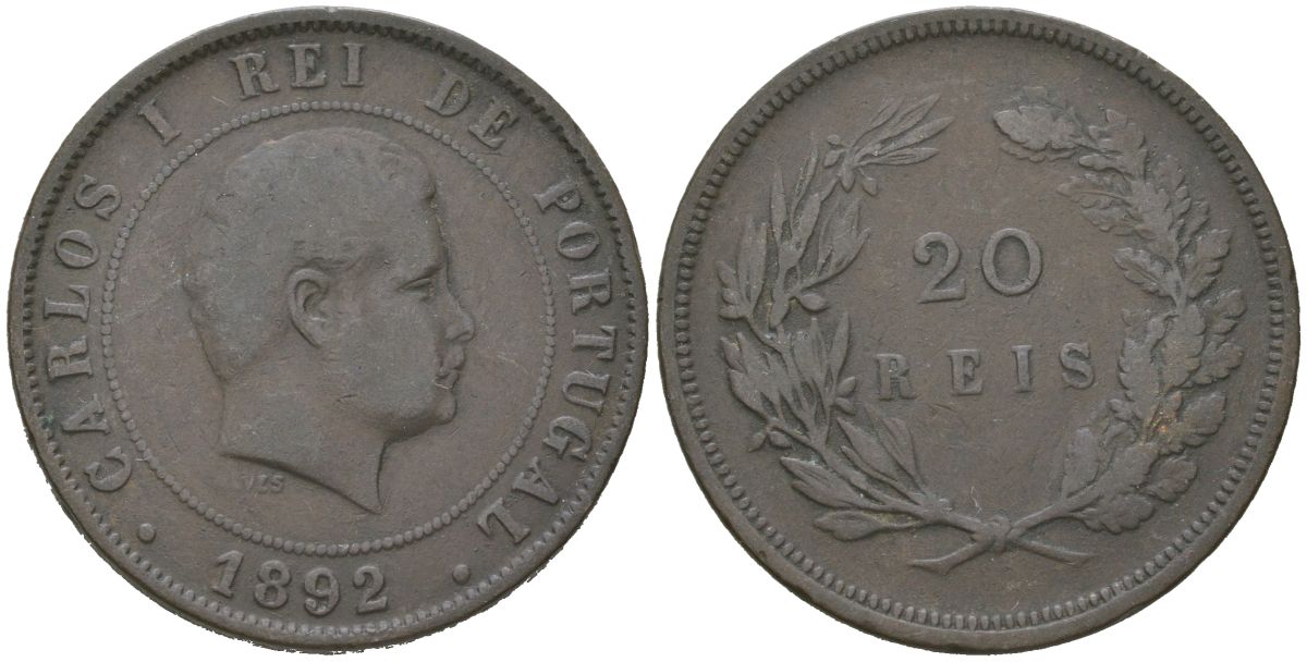 Португалия 20 реалов 1892 Карлуш I (1889-1908) KM 533 бронза 4512-944