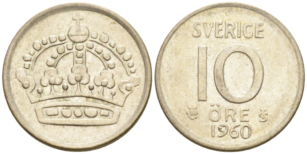 Швеция 10 эре 1960 TS, Густав VI Адольф (1950-1973) KM 823 серебро 192-152